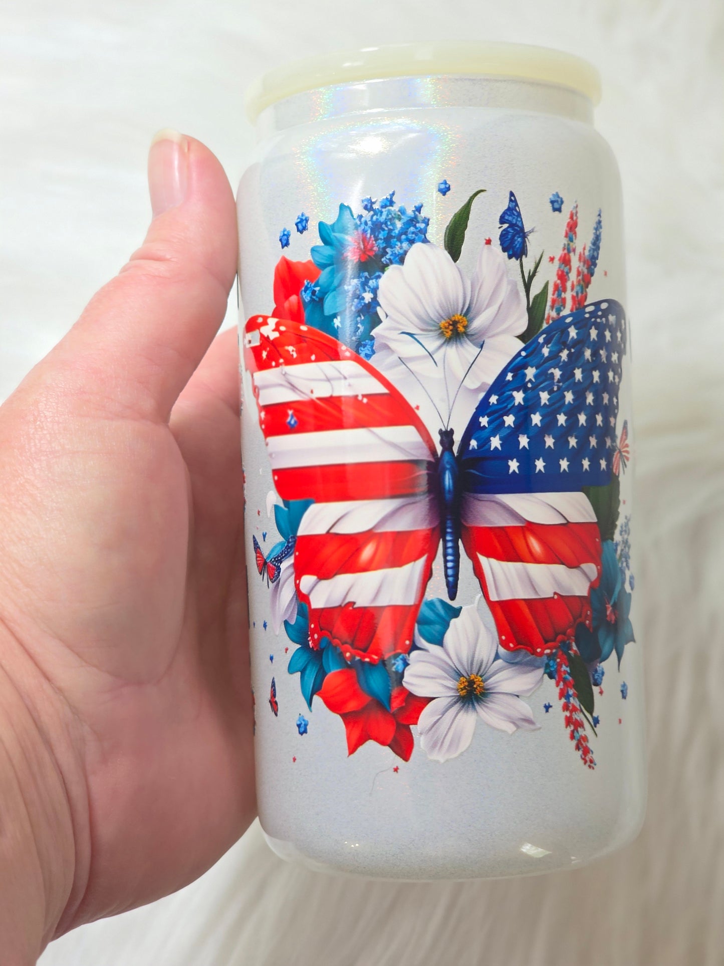 American Mom Butterfly 16 ounce Glass Can, RTS