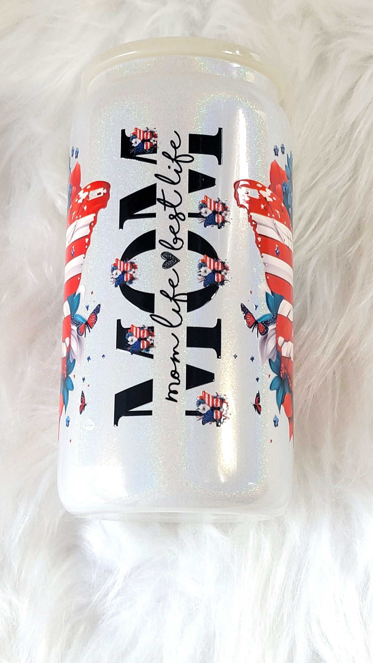 American Mom Butterfly 16 ounce Glass Can, RTS