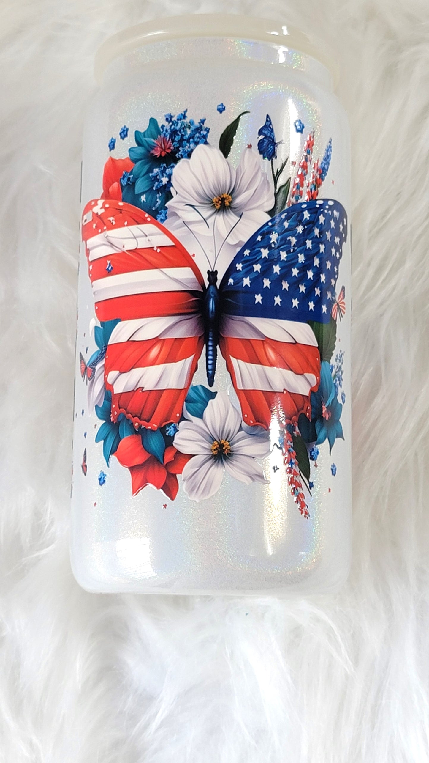 American Mom Butterfly 16 ounce Glass Can, RTS
