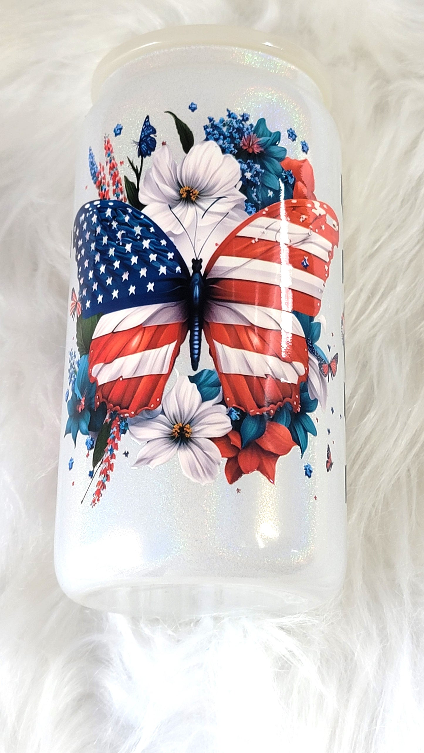 American Mom Butterfly 16 ounce Glass Can, RTS