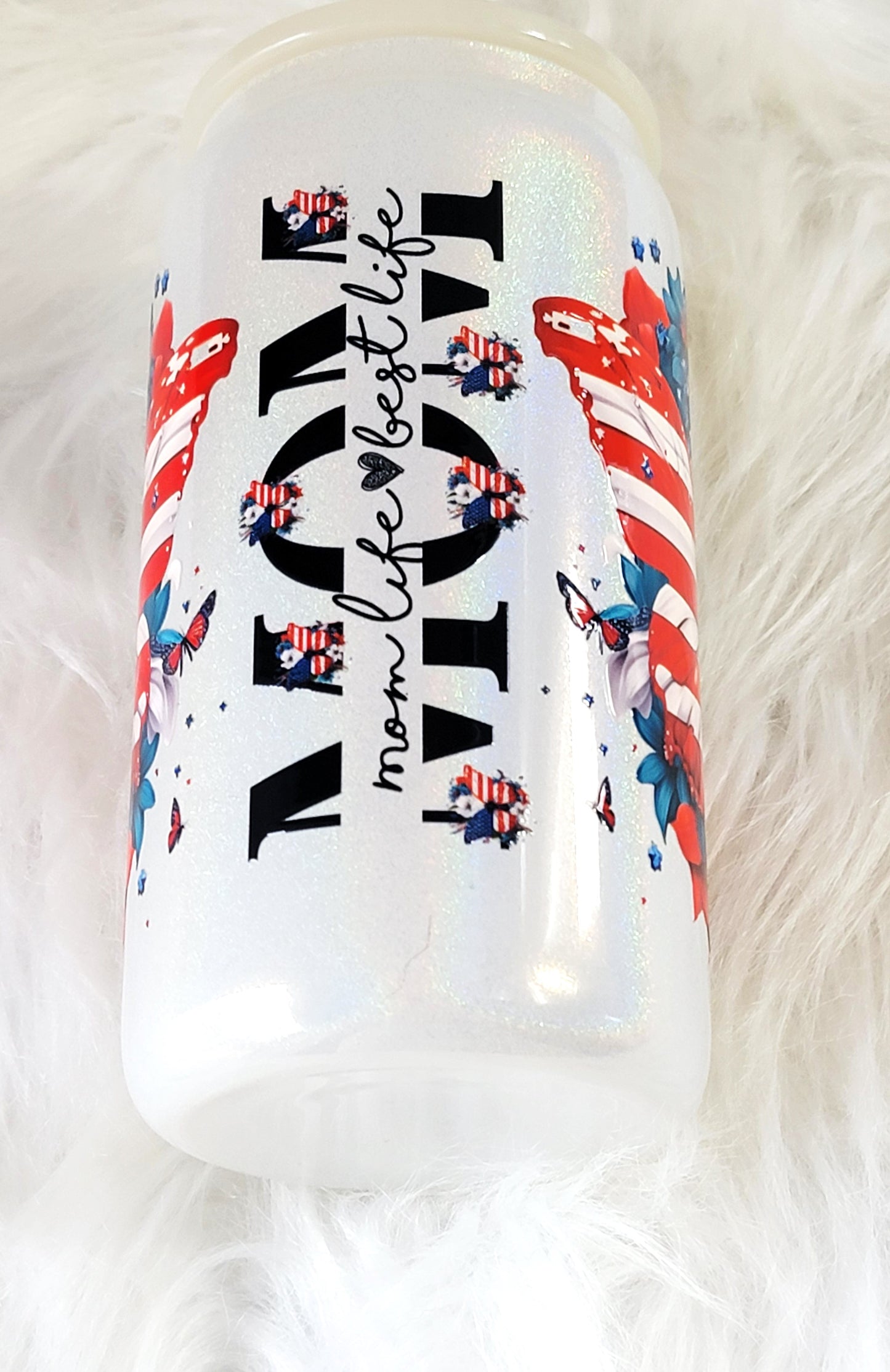American Mom Butterfly 16 ounce Glass Can, RTS