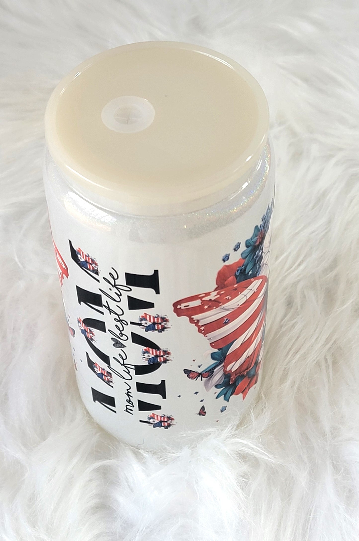 American Mom Butterfly 16 ounce Glass Can, RTS