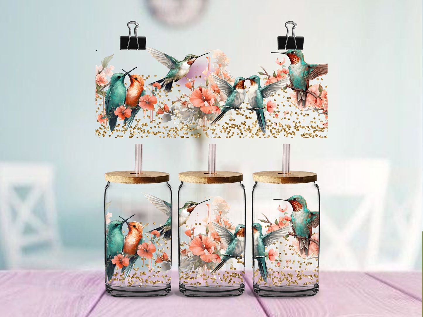 Spring Humming Birds Floral | UV DTF Wrap for Cups | Ready to Apply Permanent