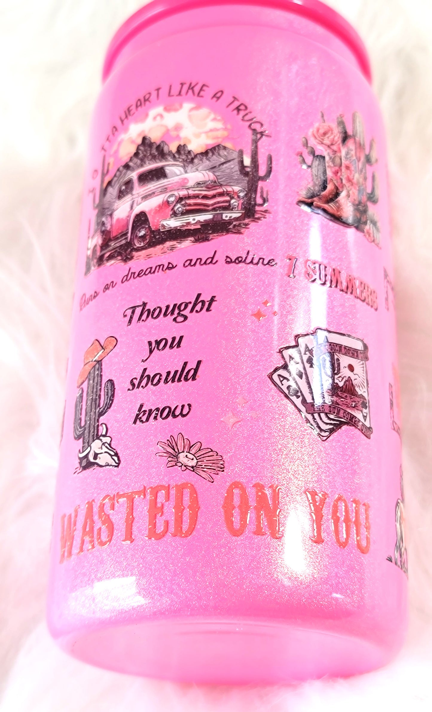 Wasted On You Glass Can Tumbler Dark Pink Shimmer 16 ounce, RTS