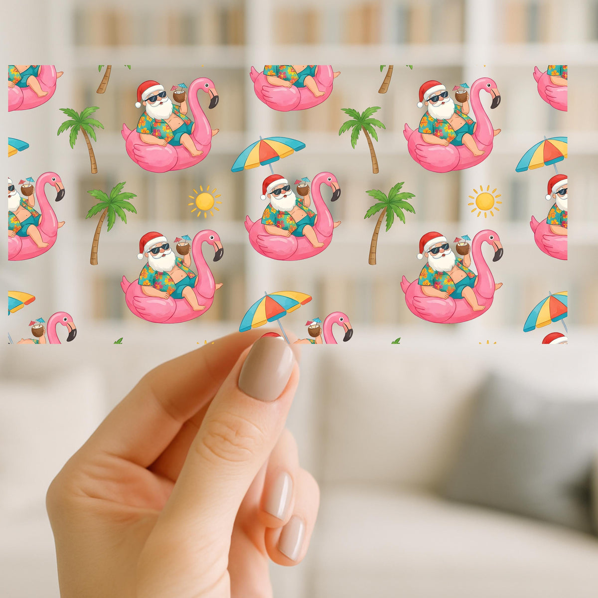 Christmas Vacation Santa UV DTF Wrap for 16oz Glass Can | Surfing Santa & Flamingo Float Cup Wrap | Tropical Holiday Design