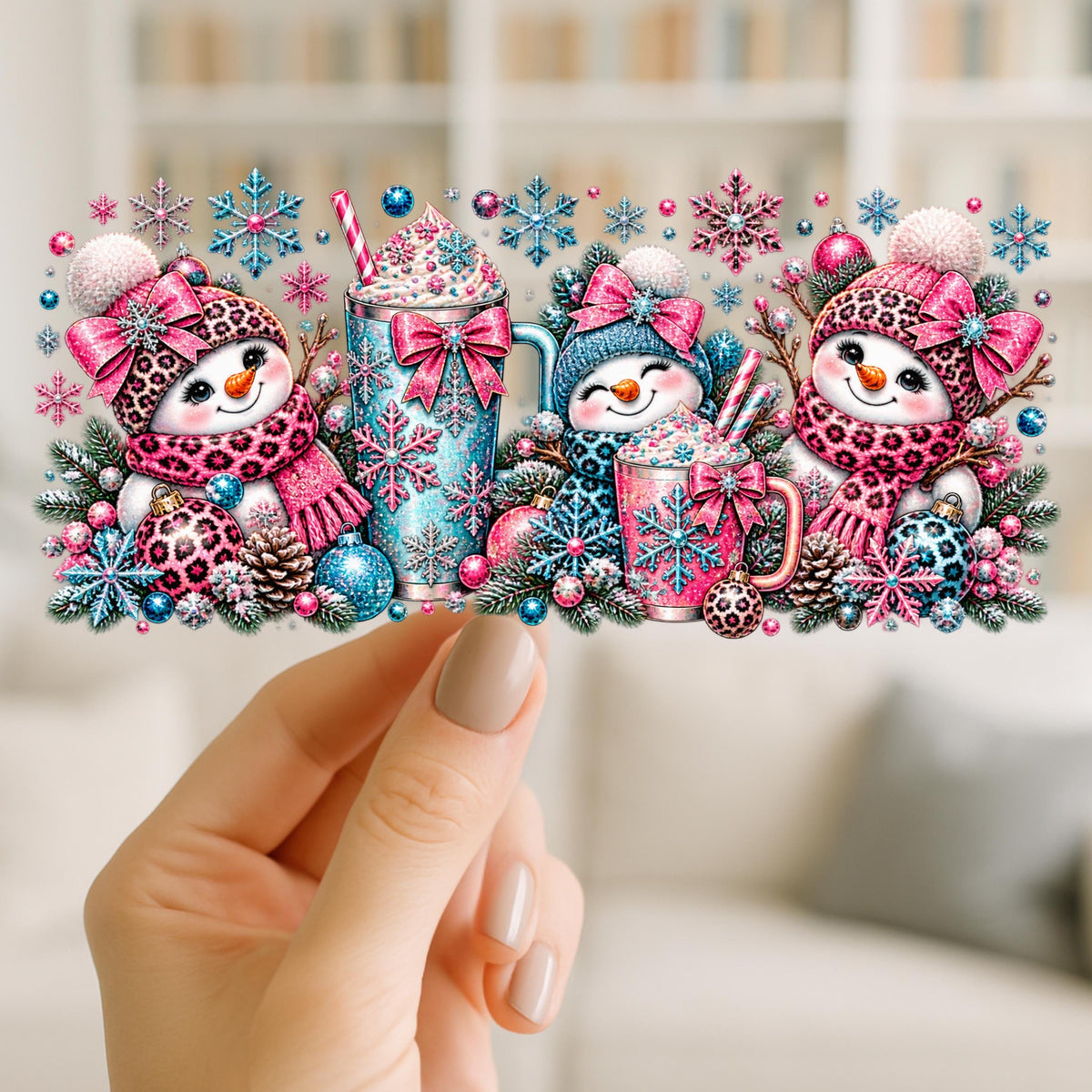 Snowman Christmas UV DTF Wrap for 16oz Glass Cup | Leopard Print Snowmen & Hot Cocoa | Winter Cup Decal