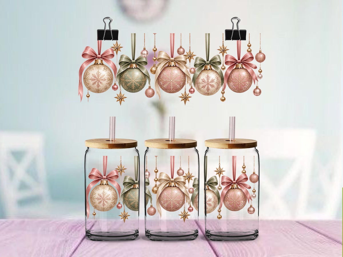 Vintage Christmas Ornaments Pink Sage Green & Gold Design | 16oz Glass Can Wrap | Ready to Apply