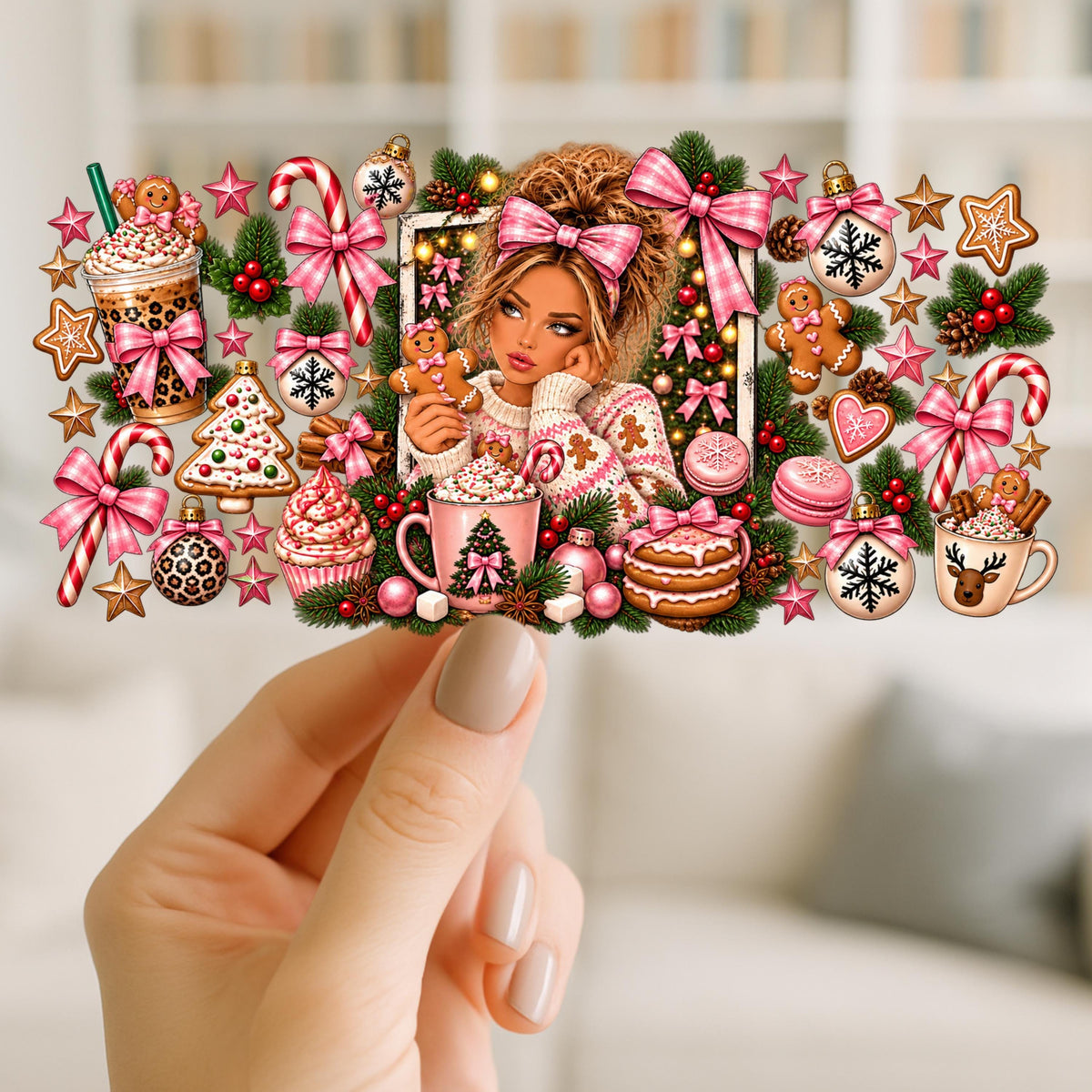 Just Here for the Treats UV DTF Wrap for 16oz Glass Cup, Gingerbread Girl Holiday Cup Decal, Coquette Christmas, Ready to Apply