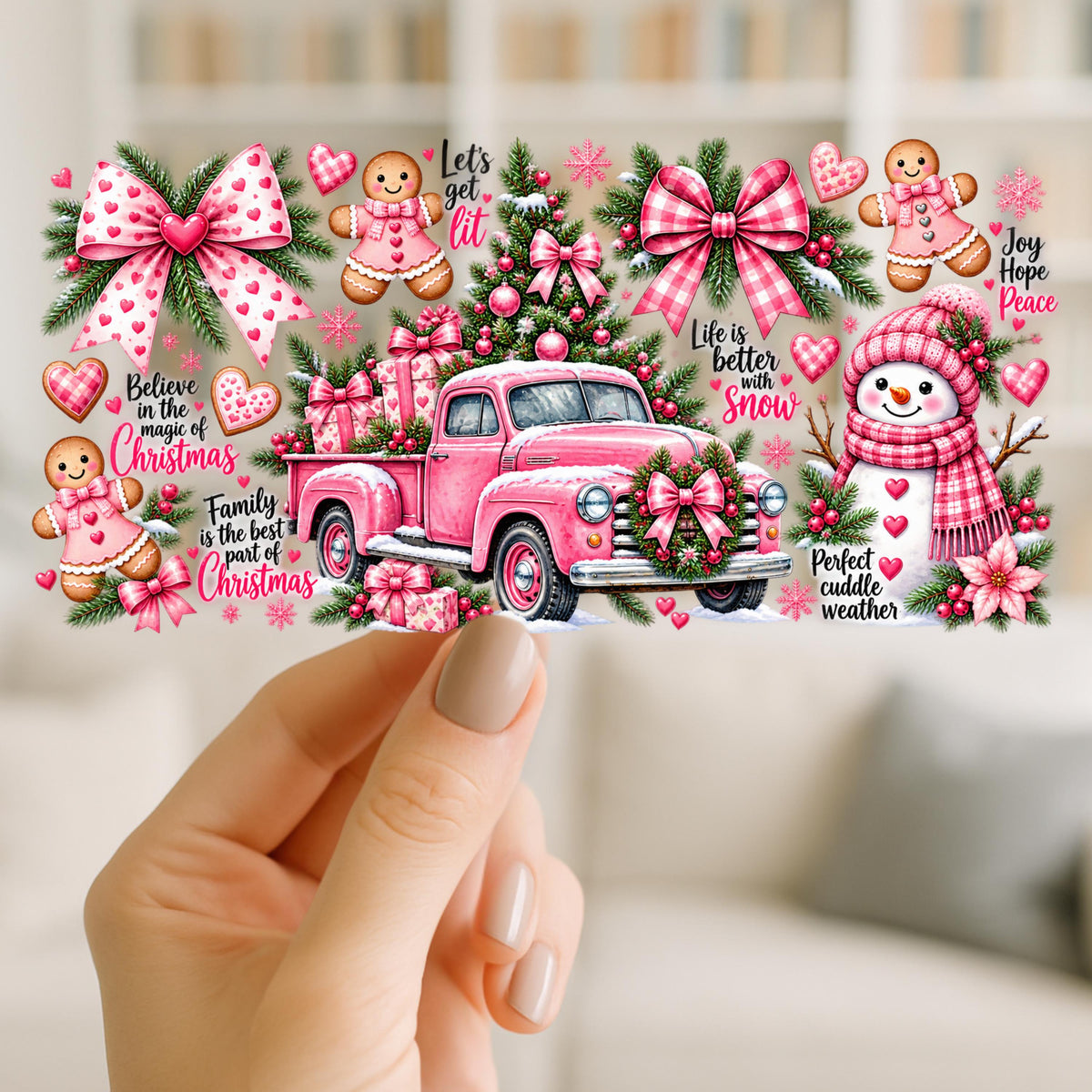 Pink Christmas Truck UV DTF Cup Wrap | Gingerbread & Snowman Holiday Design