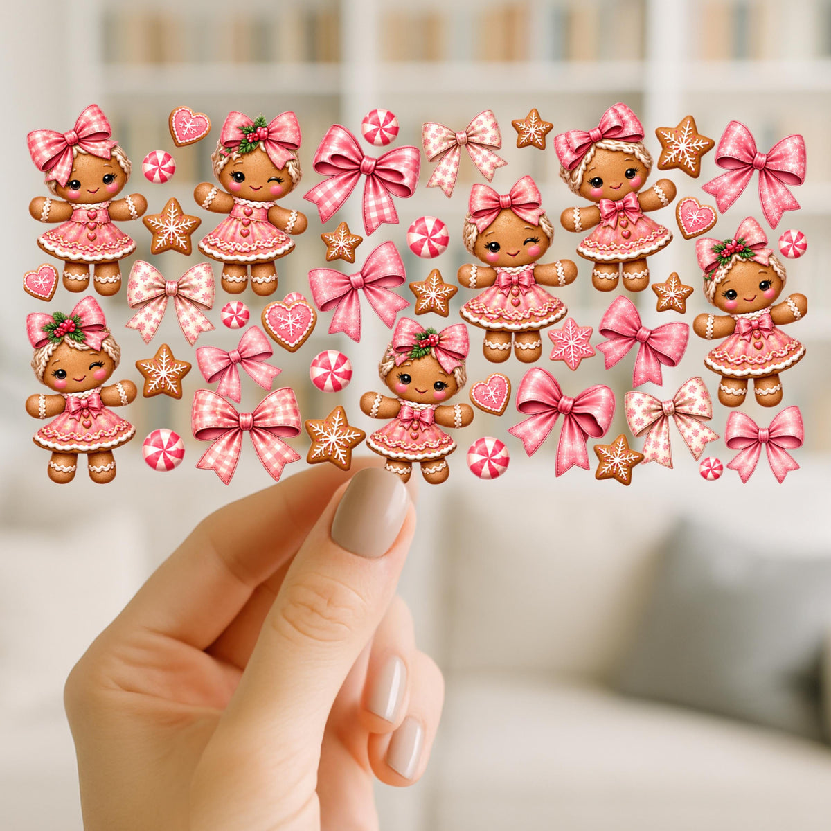 Pink Gingerbread Girl UV DTF Cup Wrap | Christmas Bows & Peppermint Candy