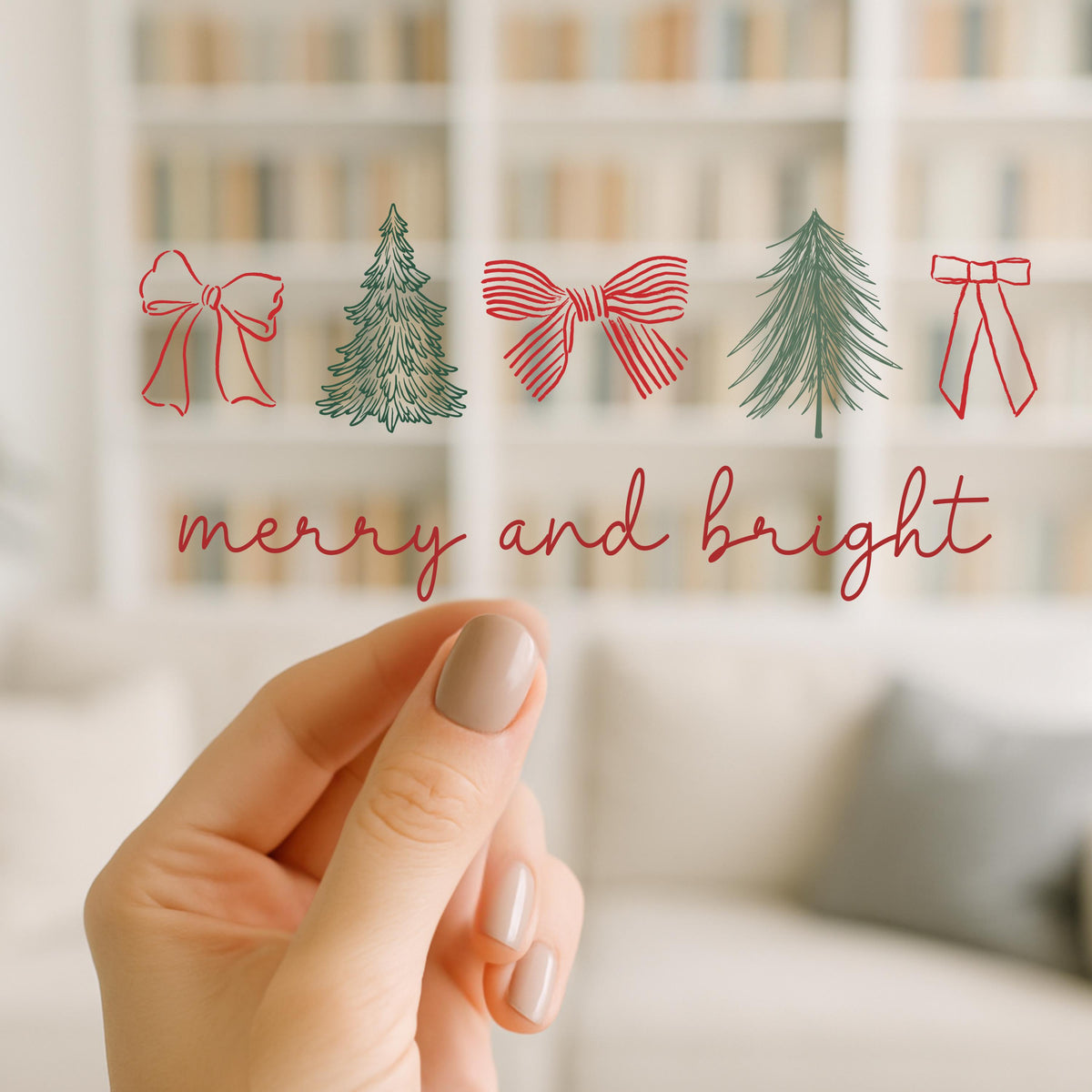 Merry and Bright Christmas UV DTF Cup Wrap, Minimalist Christmas Bows and Trees, 16oz Glass Can Wrap, Holiday Cup Decal
