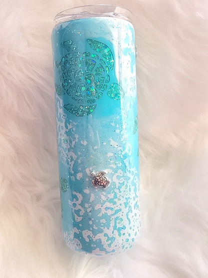 Sea Turtle 3D Glitter Epoxy Tumbler 20oz | Ocean Themed Stainless Steel Cup