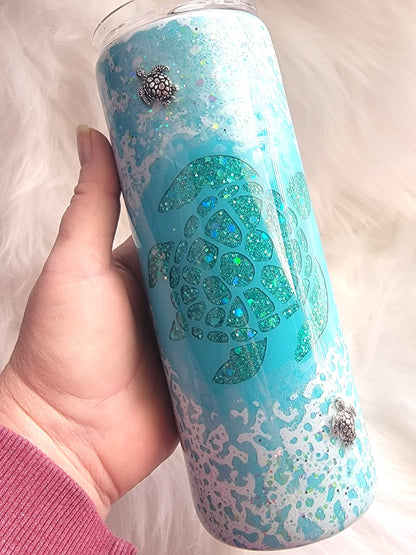Sea Turtle 3D Glitter Epoxy Tumbler 20oz | Ocean Themed Stainless Steel Cup