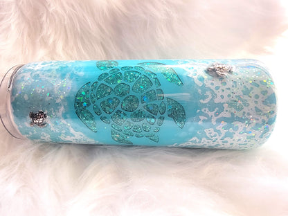 Sea Turtle 3D Glitter Epoxy Tumbler 20oz | Ocean Themed Stainless Steel Cup