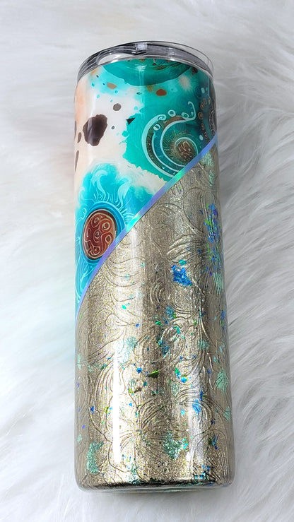Golden Teal Floral Tumbler 20oz | Elegant Insulated Travel Cup