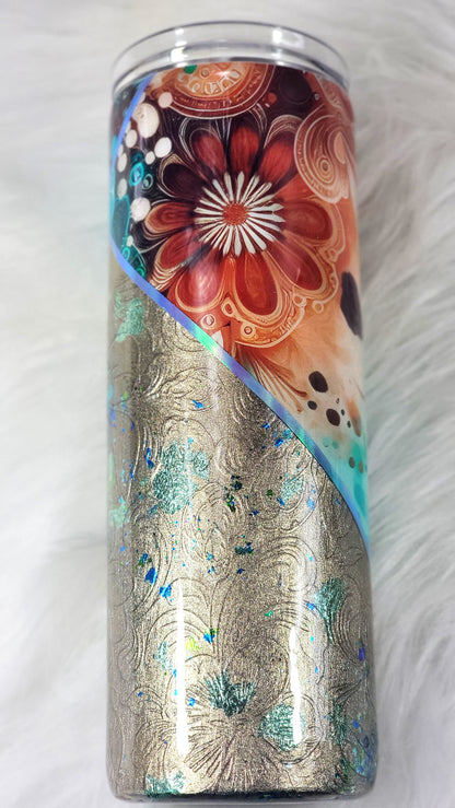Golden Teal Floral Tumbler 20oz | Elegant Insulated Travel Cup