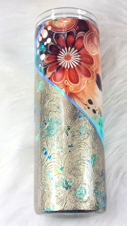 Golden Teal Floral Tumbler 20oz | Elegant Insulated Travel Cup
