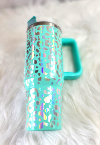 40oz Teal Leopard Engraved Tumbler | Stainless Steel Travel Cup