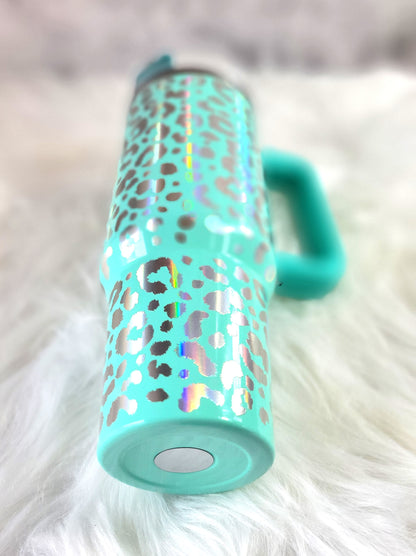 40oz Teal Leopard Engraved Tumbler | Stainless Steel Travel Cup
