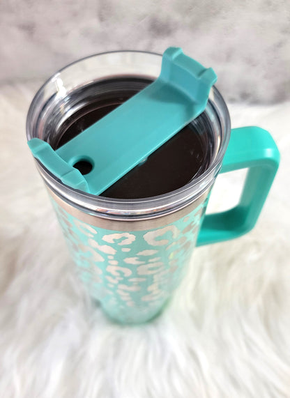 40oz Teal Leopard Engraved Tumbler | Stainless Steel Travel Cup