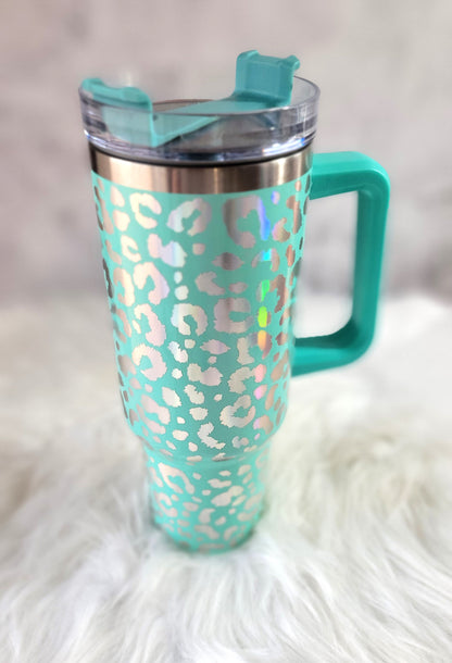 40oz Teal Leopard Engraved Tumbler | Stainless Steel Travel Cup