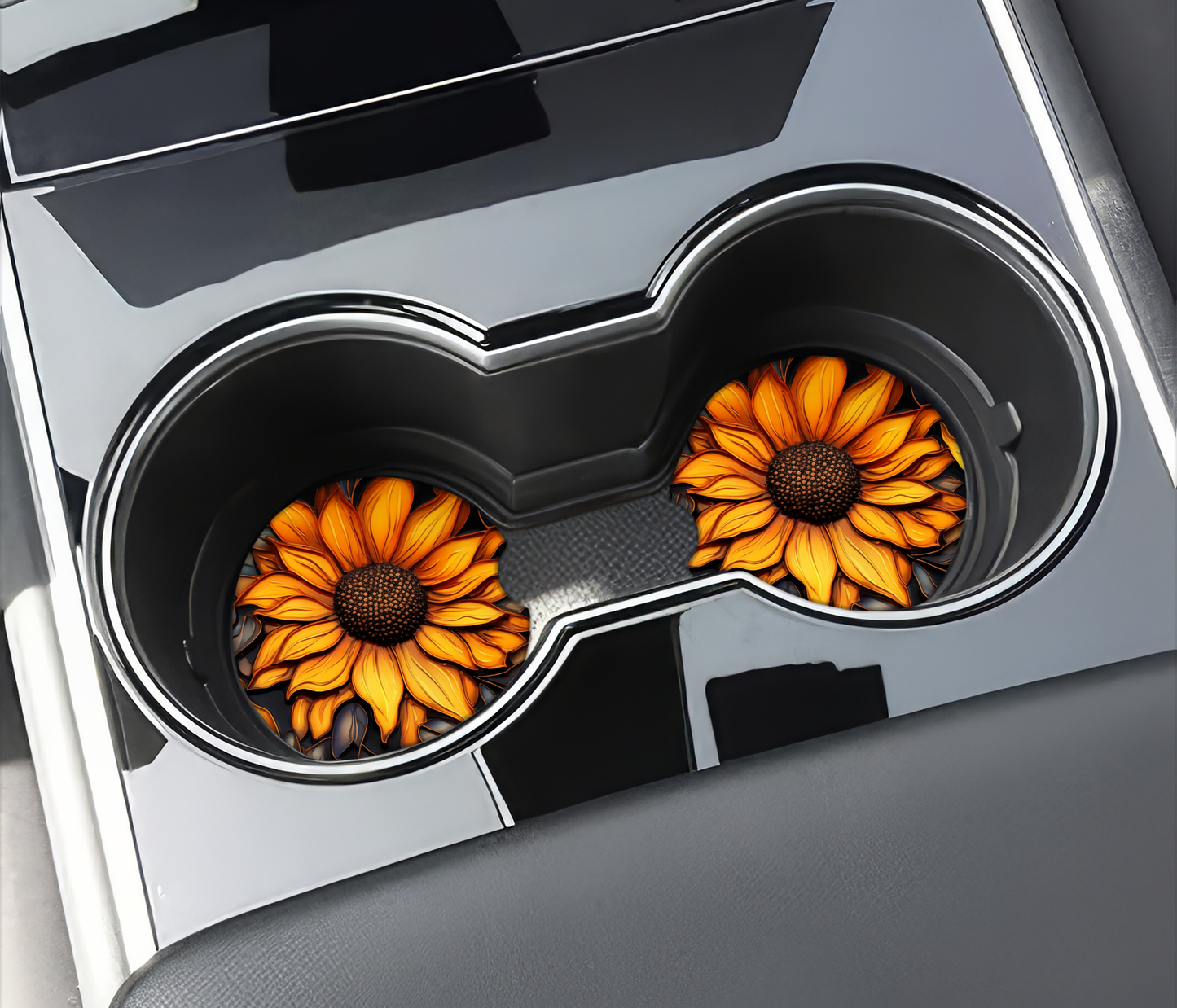 Two sunflower-shaped coasters in a car cup holder.