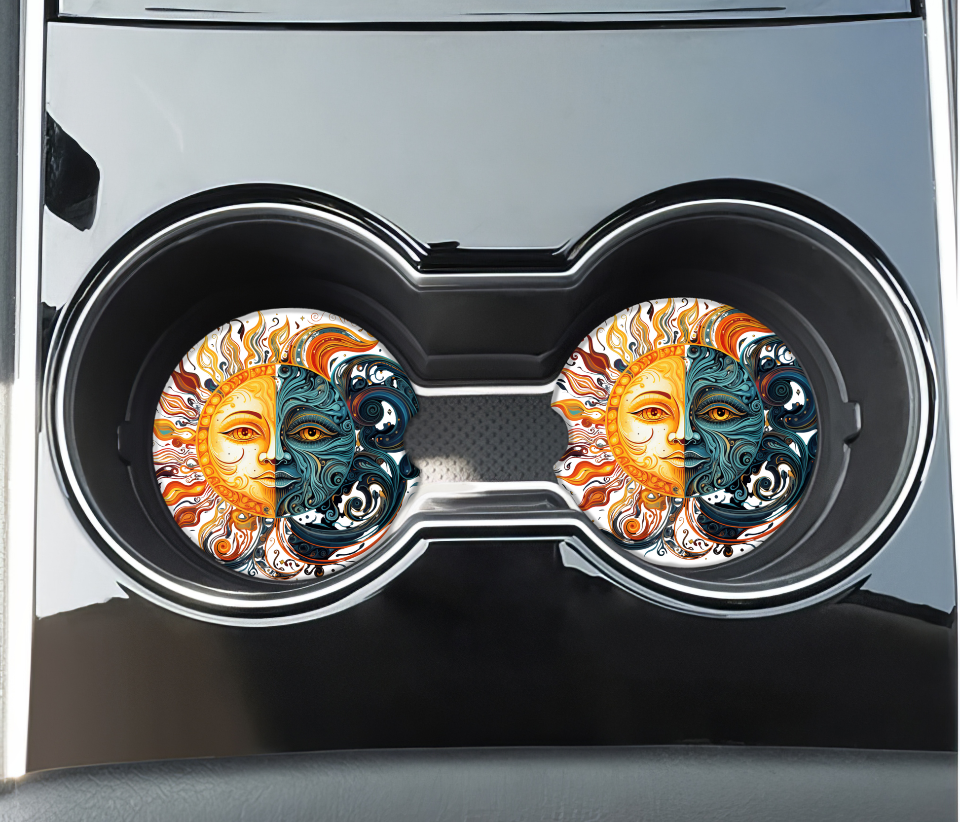 Car cup holder with decorative coasters featuring sun and moon design.