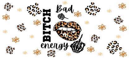 Pattern with leopard print elements, lips, and text on a white background