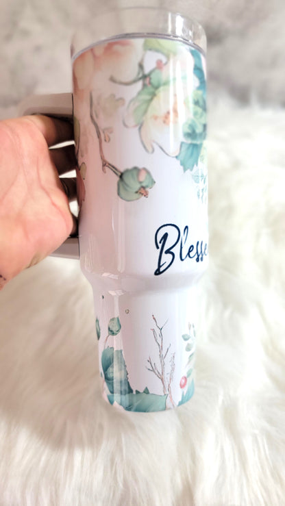 40oz Blessed Mama Tumbler | Floral Sublimation Stainless Steel Travel Cup