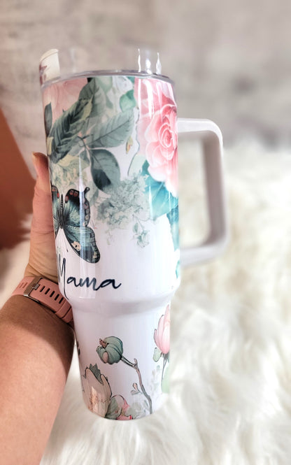 40oz Blessed Mama Tumbler | Floral Sublimation Stainless Steel Travel Cup