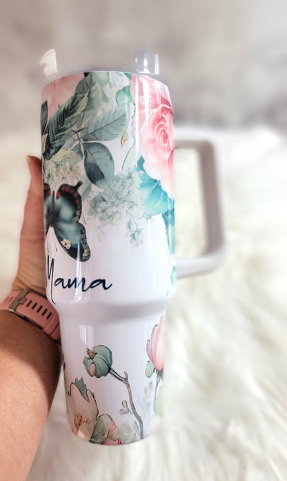 40oz Blessed Mama Tumbler | Floral Sublimation Stainless Steel Travel Cup