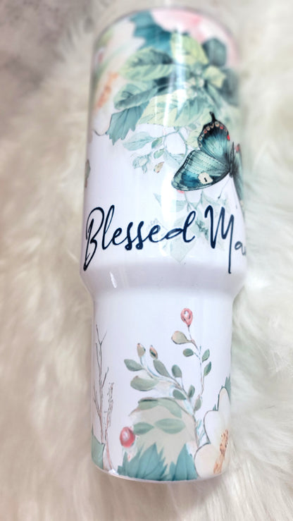 40oz Blessed Mama Tumbler | Floral Sublimation Stainless Steel Travel Cup