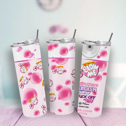 pink bubblegum-themed tumblers with text on a light background