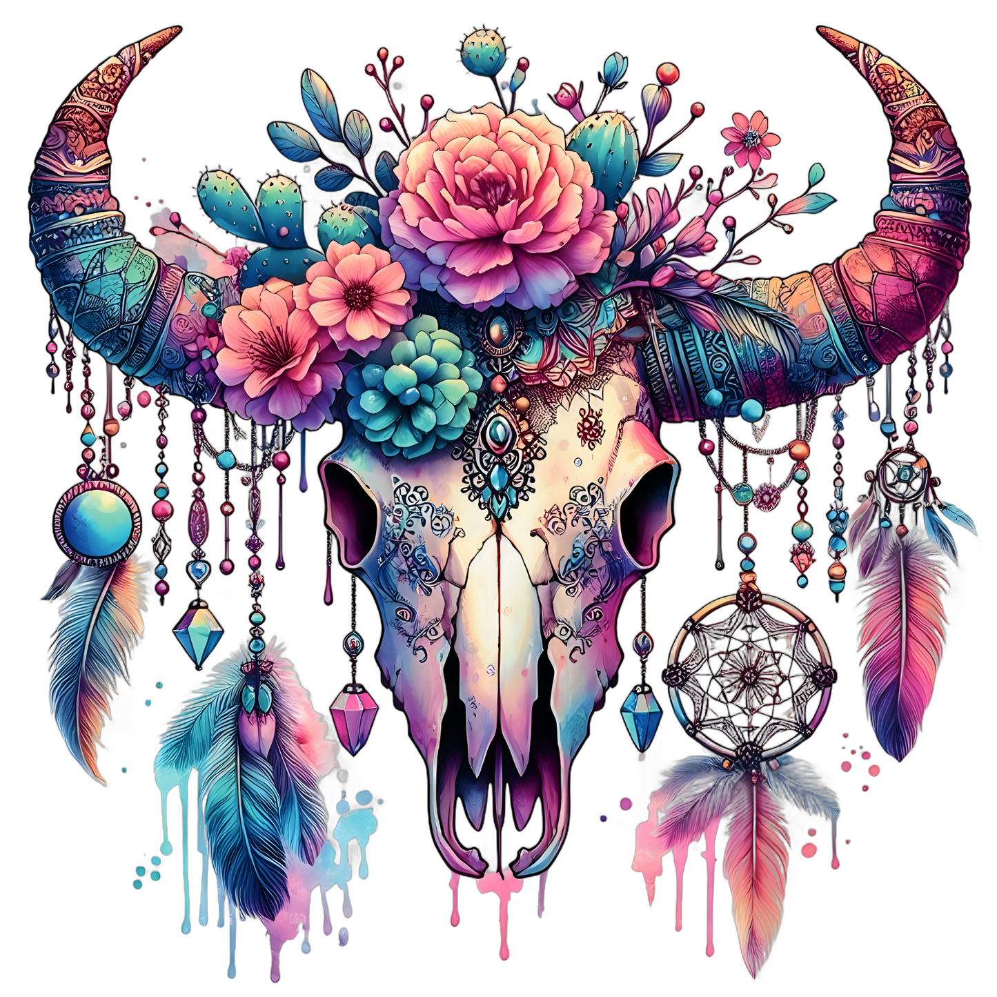Boho Cow Skull UV DTF Decal| Waterproof, Permanent Transfer