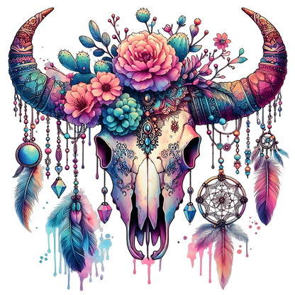 Boho Cow Skull UV DTF Decal| Waterproof, Permanent Transfer