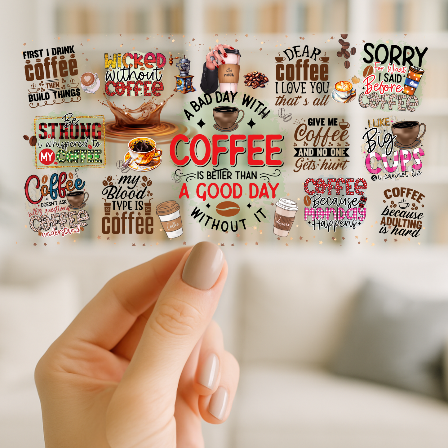 Coffee Quotes | UV DTF Wrap for Cups | Ready to Apply Permanent