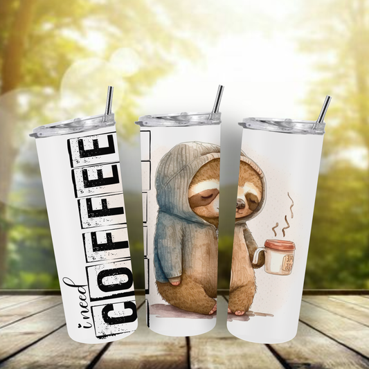 Tumblers with sloth designs and 'I need coffee' text.