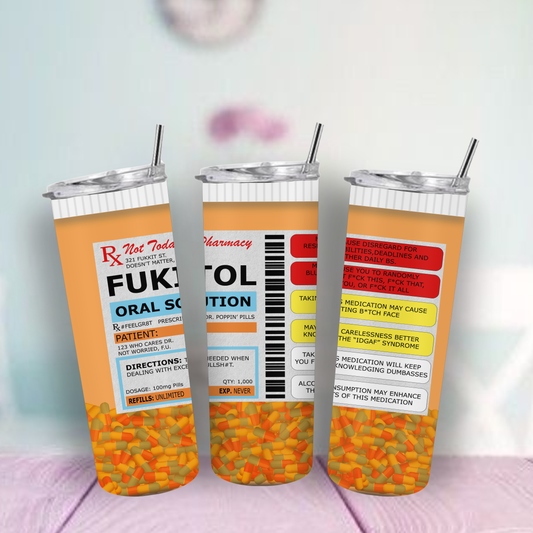 Tumbler drink with colorful labels resembling medication packaging.
