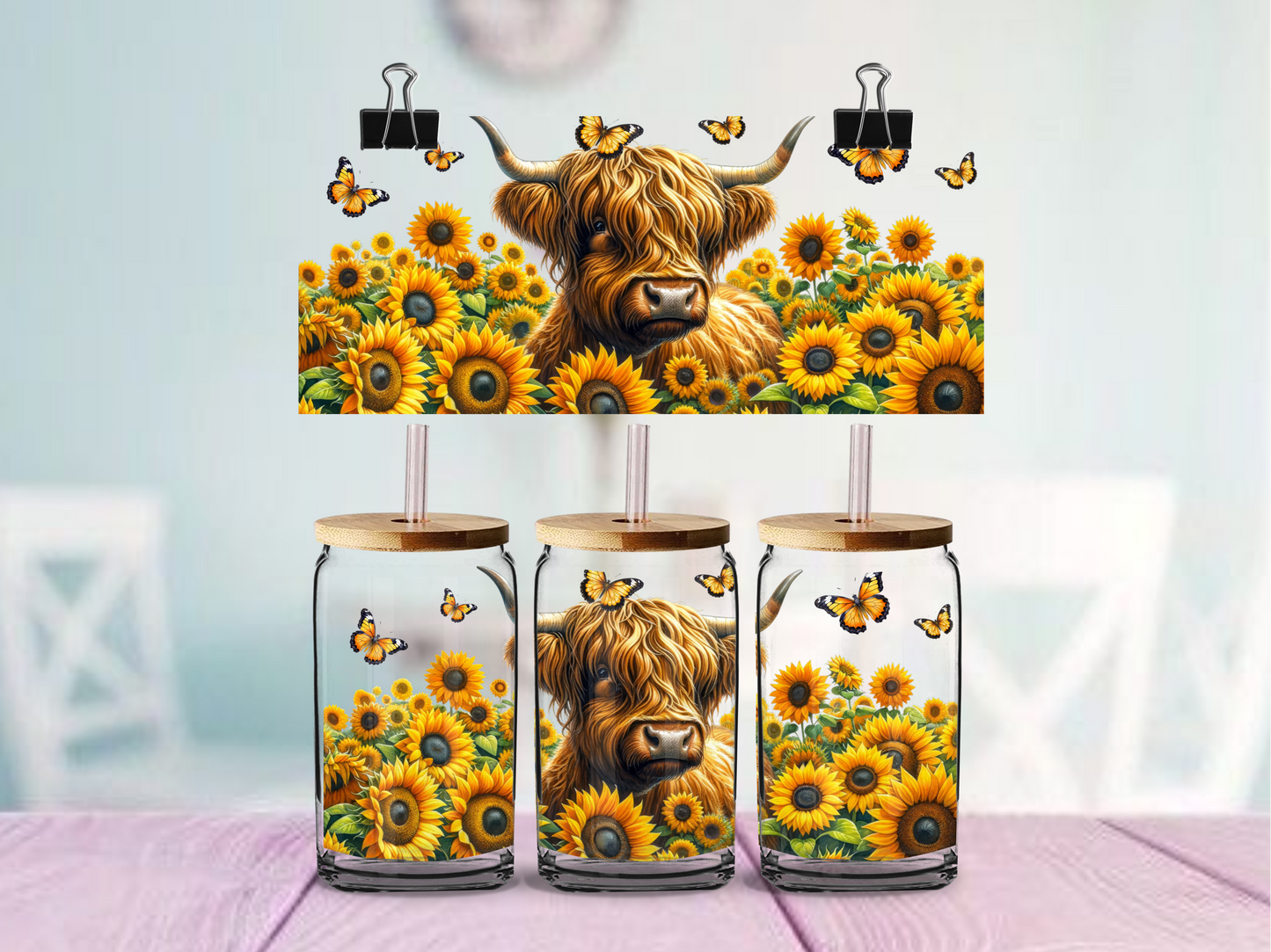 Highland Cow and Sunflowers | UV DTF Wrap for Cups | Ready to Apply Permanent