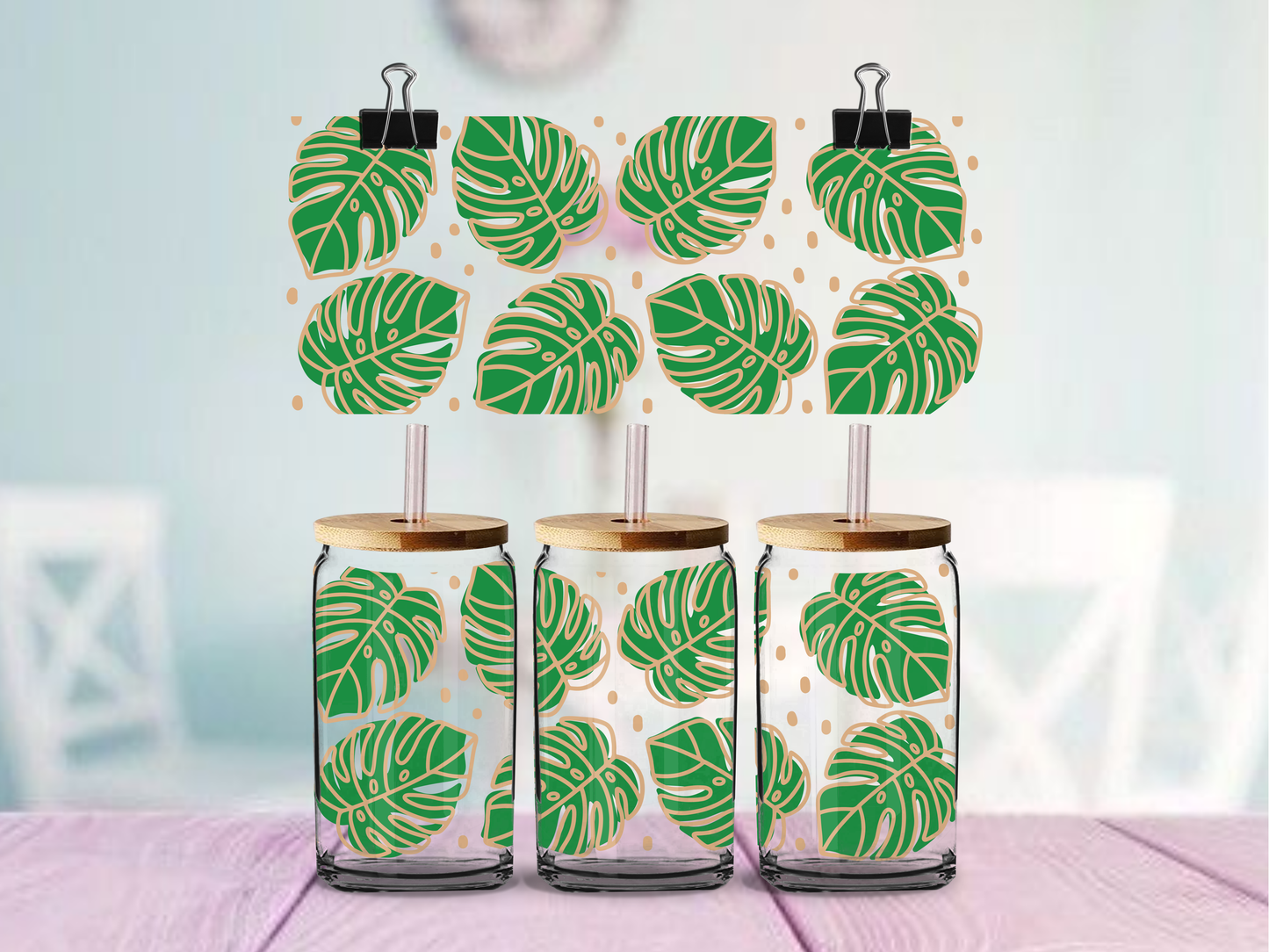 Monstera Leaves Green | UV DTF Wrap for Cups | Ready to Apply Permanent