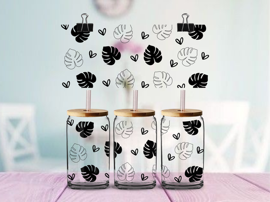 Monstera Leaves Black | UV DTF Wrap for Cups | Ready to Apply Permanent