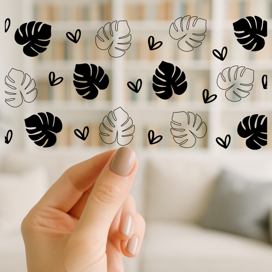 Monstera Leaves Black | UV DTF Wrap for Cups | Ready to Apply Permanent