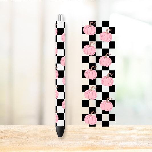Pink Pumpkin Checkered Pen Wrap | UV DTF Wrap for Pens | Ready to Apply Permanent