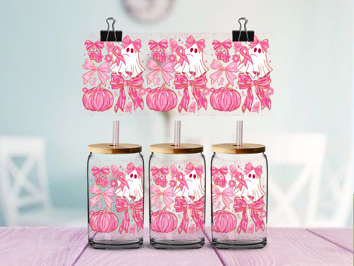 Pretty in Pink Ghost 16oz cup Wrap | UV DTF Wrap for Cups | Ready to Apply Permanent