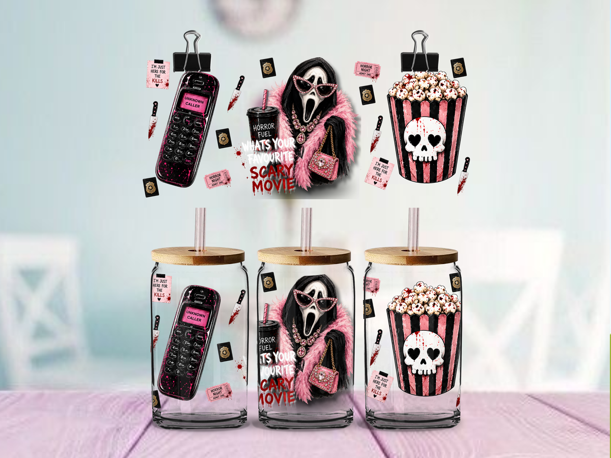 Scary Movies 16oz cup Wrap | UV DTF Wrap for Cups | Ready to Apply Permanent