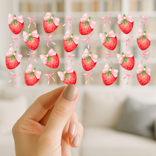 Strawberries and Bows | UV DTF Wrap for Cups | Ready to Apply Permanent