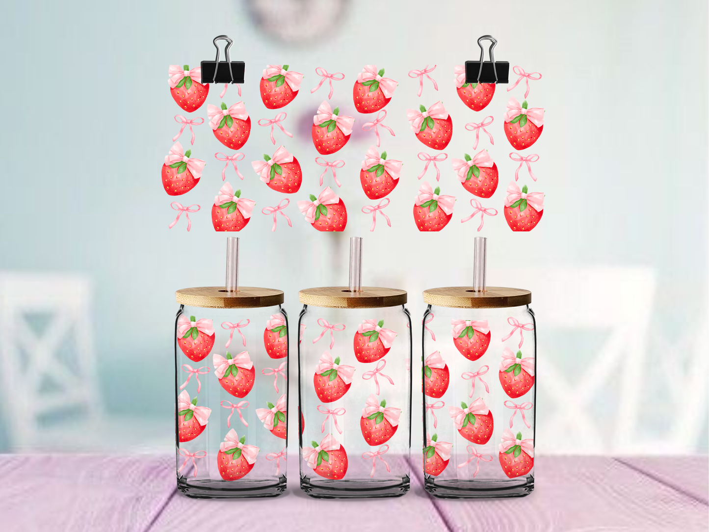 Strawberries and Bows | UV DTF Wrap for Cups | Ready to Apply Permanent