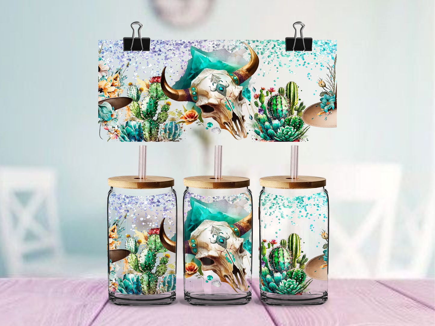 Teal Western Cow Skull 16oz UVDTF WRAP  | UV DTF Wrap for Cups | Ready to Apply Permanent