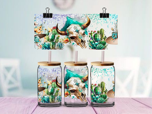 Teal Western Cow Skull 16oz UVDTF WRAP  | UV DTF Wrap for Cups | Ready to Apply Permanent