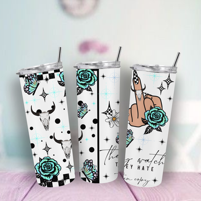 Tumbler with unique design he watch, middle finger white background